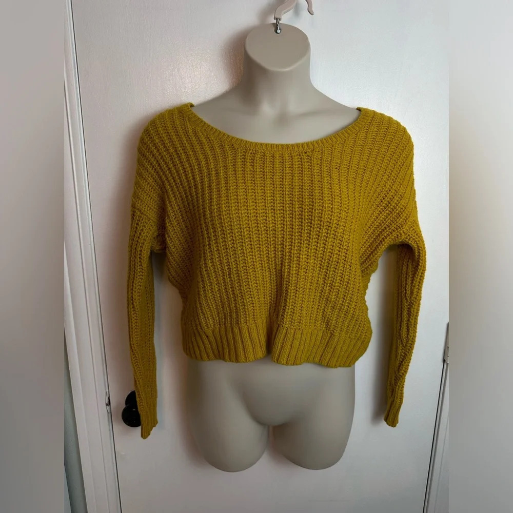 Yet Again Mustard Yellow Chunky Knit Cropped Sweater Alpaca wool Blend L #1416